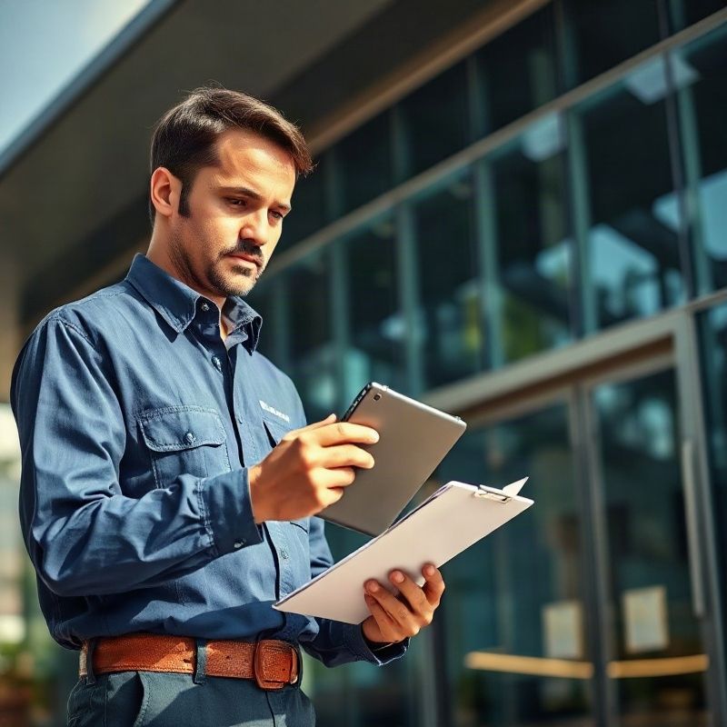 Profissional técnico da Riverpathq com prancheta em edifício comercial de Brasília