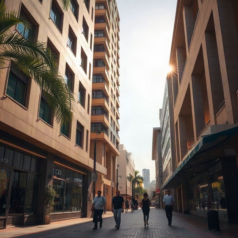 Vista de rua do setor comercial SCS em Brasília com toldo índigo e pedestres